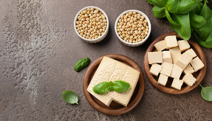 Delicious tofu cheese, basil and soybeans on brown textured table, flat lay - obrazy, fototapety, plakaty