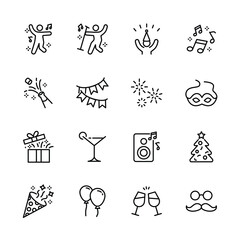 christmas, new year , happy celebration, party thin line icons set, such as music, gift, firework, confetti, food and wine. isolated vector illustration