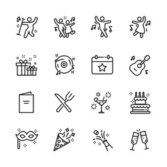 christmas, new year , happy celebration, party thin line icons set, such as music, gift, firework, confetti, food and wine. isolated vector illustration