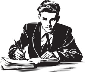 Vintage boy is doing his homework, boy reads books, boy studies at school, Vector Illustration, SVG