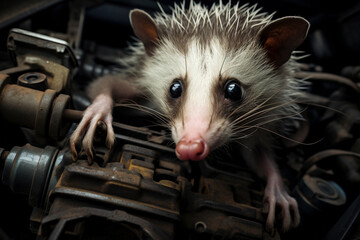 Wild opossum rodent inside car engine