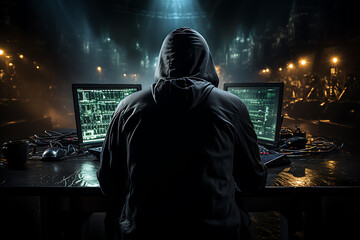 Obraz premium hacker sitting at the computer, cyber security and anti-spyware concept 
