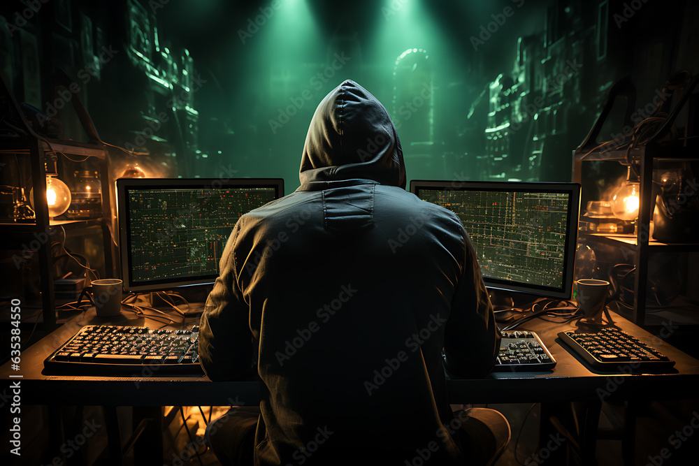Wall mural hacker sitting at the computer cyber security and antispyware concept