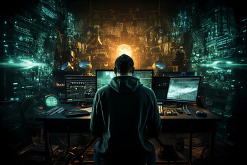 Obraz premium hacker sitting at the computer, cyber security and anti-spyware concept 