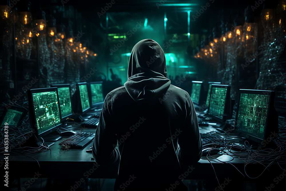 Wall mural hacker sitting at the computer cyber security and antispyware concept