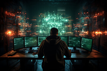 hacker sitting at the computer cyber security and antispyware concept 