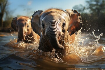In a watery playground, young elephants exuberance shines through joyful splashes Generative AI
