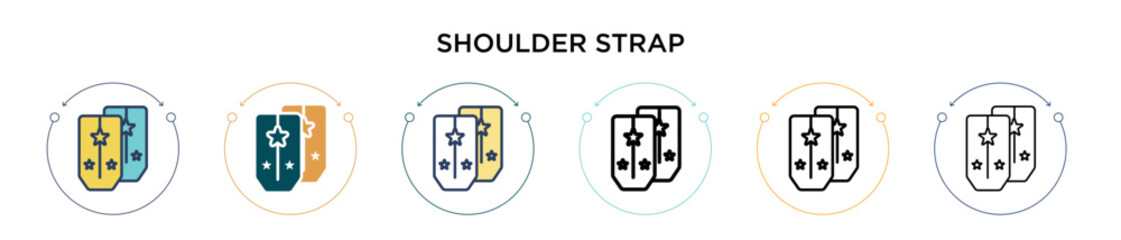 Shoulder strap icon in filled, thin line, outline and stroke style. Vector illustration of two colored and black shoulder strap vector icons designs can be used for mobile, ui, web