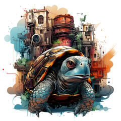 A watercolor turtle T-shirt design set in a steampunk-inspired cityscape, where the turtle navigates cobblestone, Generative Ai