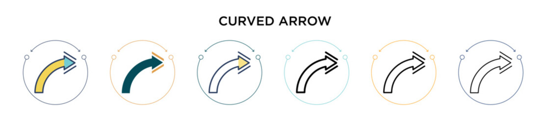 Curved arrow icon in filled, thin line, outline and stroke style. Vector illustration of two colored and black curved arrow vector icons designs can be used for mobile, ui, web