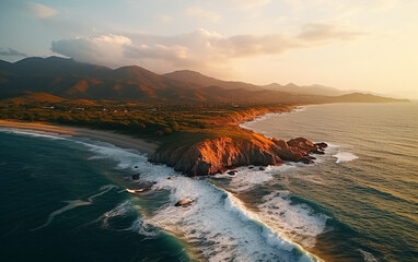 Aerial beautiful shot of a seashore with hills on the background at sunset