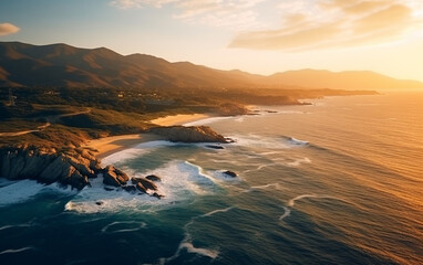 Obraz premium Aerial beautiful shot of a seashore with hills on the background at sunset