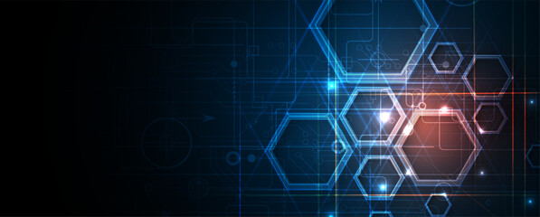 Technology banner design with hexagons abstract background.