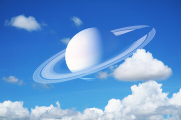 Naklejka na ściany i meble Saturn near earth pure clean blue sky huge white gray cloud and sunlight