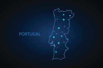 Map of Portugal. Wire frame 3D mesh polygonal network line, design sphere, dot and structure. communications map of Portugal. Vector Illustration EPS10.