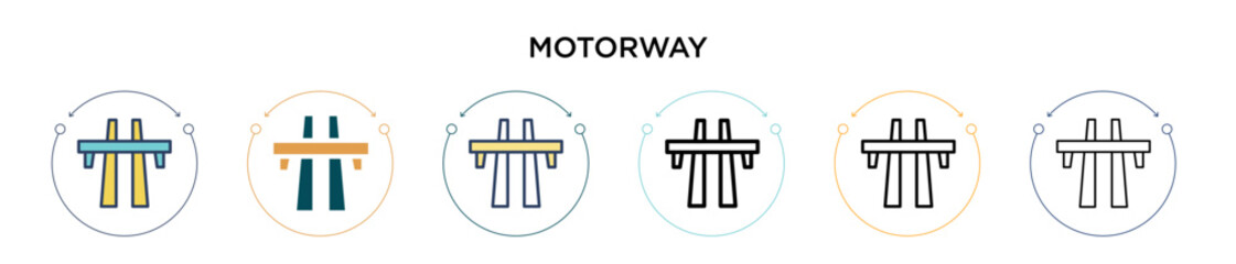 Motorway icon in filled, thin line, outline and stroke style. Vector illustration of two colored and black motorway vector icons designs can be used for mobile, ui, web