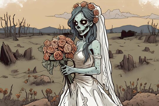 Halloween Zombie Bride with bouquet of flowers ai digital art