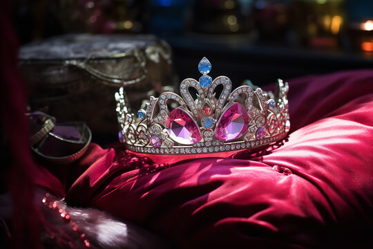 Fit for royalty, a sparkling birthday tiara finds its place of honor atop a plush cushion, awaiting the celebrant
