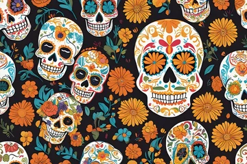 Vitrage gordijnen Schedel Dia de los Muertos: Intricate Sugar Skull Illustration Celebrating Vibrant Colors and Festive Spirit