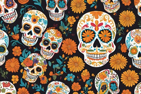 Dia de los Muertos: Intricate Sugar Skull Illustration Celebrating Vibrant Colors and Festive Spirit