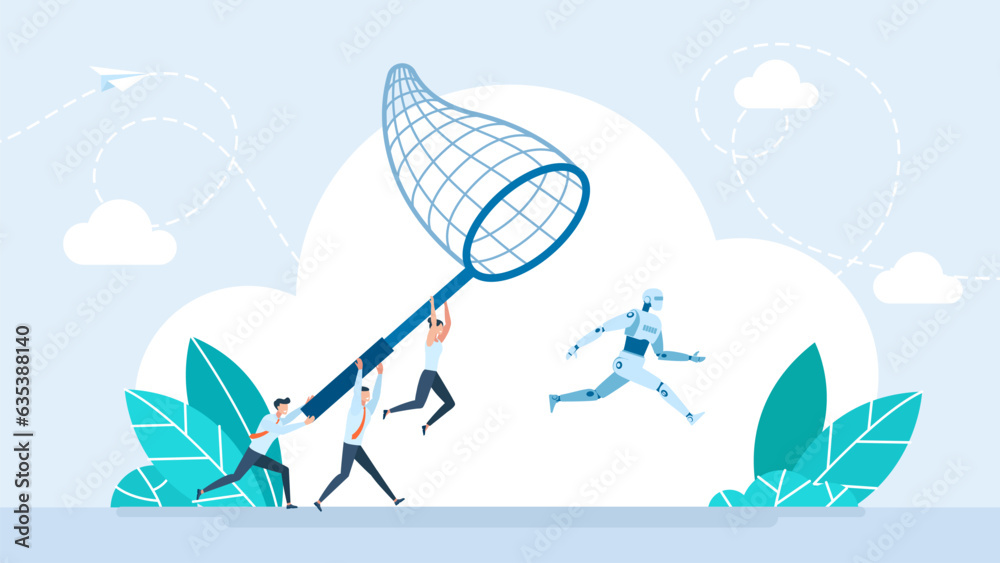 Wall mural A team of businessmen wants to catch a robot in net. Conflict. Rivalry. Human vs AI technology. Business idea competition, conflict, brainstorm, work hard, contest and fight over. Vector illustration