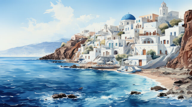 Generative ai illustration of Greek Santorini riviera painted with watercolor