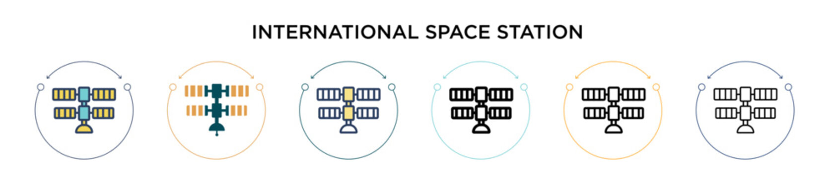 International space station icon in filled, thin line, outline and stroke style. Vector illustration of two colored and black international space station vector icons designs can be used for mobile,