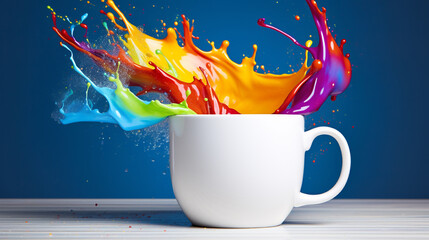Illustration of coffee cup with rainbow colored splash. Created with Generative AI