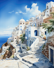 Naklejka premium Generative ai illustration of Greek Santorini riviera painted with watercolor