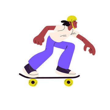 Black Man Skater Riding, Standing On Skateboard. Young Active Cool Guy In Helmet Travels On Skate Board. Skateboarder Profile In Action, Motion. Flat Vector Illustration Isolated On White Background