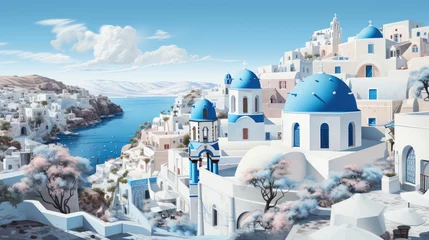 Crédence de cuisine en verre imprimé Bleu Generative ai illustration of Greek Santorini riviera painted with watercolor