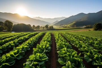 An expansive organic lettuce field thriving in the sunlight, Generative Ai - obrazy, fototapety, plakaty