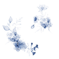 Bouquet of flowers in indigo colors on a white background