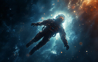 Fototapeta na wymiar An astronaut swimming through a nebula in space + space, astronaut, dreamlike, symbolism