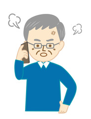 スマートフォンでイライラと怒った様子で会話をするシニアの男性