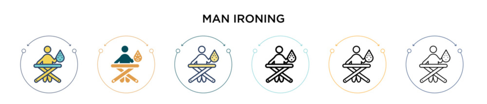 Man ironing icon in filled, thin line, outline and stroke style. Vector illustration of two colored and black man ironing vector icons designs can be used for mobile, ui, web