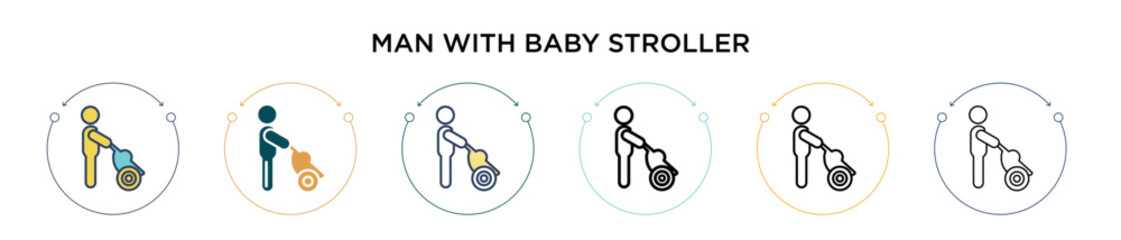 Man with baby stroller icon in filled, thin line, outline and stroke style. Vector illustration of two colored and black man with baby stroller vector icons designs can be used for mobile, ui, web