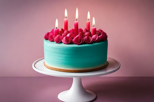pink strawbarry cake with candels and bokha effect