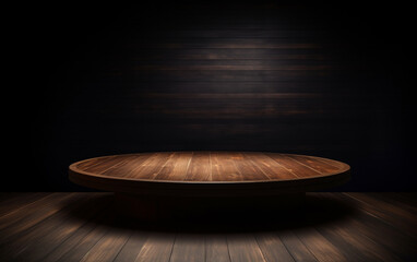 An empty wooden table for presentation with a dark background and isolated recessed lighting