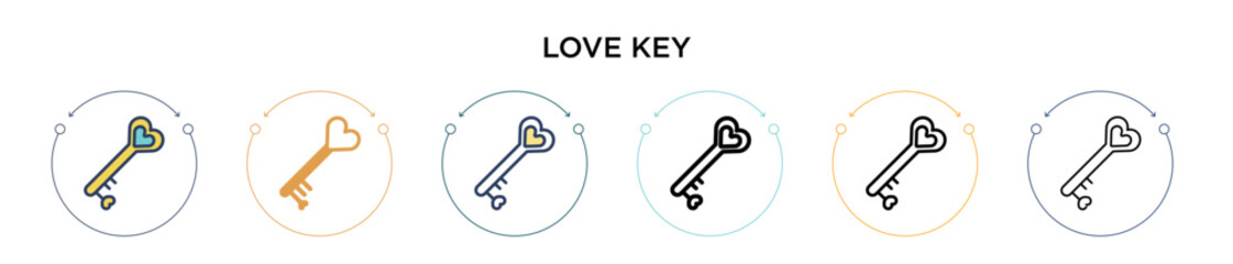 Love key icon in filled, thin line, outline and stroke style. Vector illustration of two colored and black love key vector icons designs can be used for mobile, ui, web