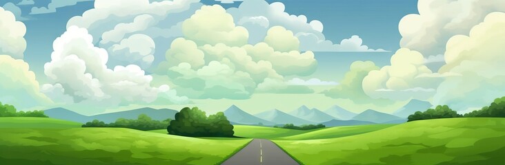 Fototapeta premium illustration of a road on a green hill with trees and clouds