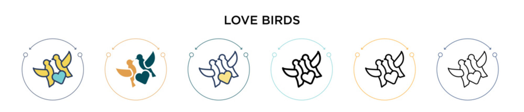 Love birds icon in filled, thin line, outline and stroke style. Vector illustration of two colored and black love birds vector icons designs can be used for mobile, ui, web