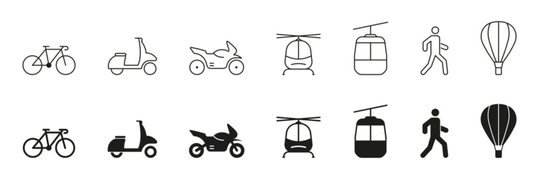 Transportation Modes Line and Silhouette Icon Set. Bike, Motorcycle, Moped, Cable Car, Pedestrian, Helicopter Pictogram. Traffic Sign Collection. Vehicle Symbols. Isolated Vector Illustration