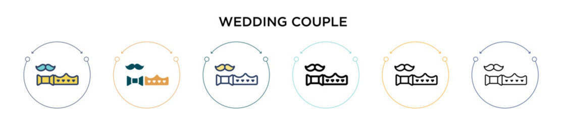 Wedding couple icon in filled, thin line, outline and stroke style. Vector illustration of two colored and black wedding couple vector icons designs can be used for mobile, ui, web