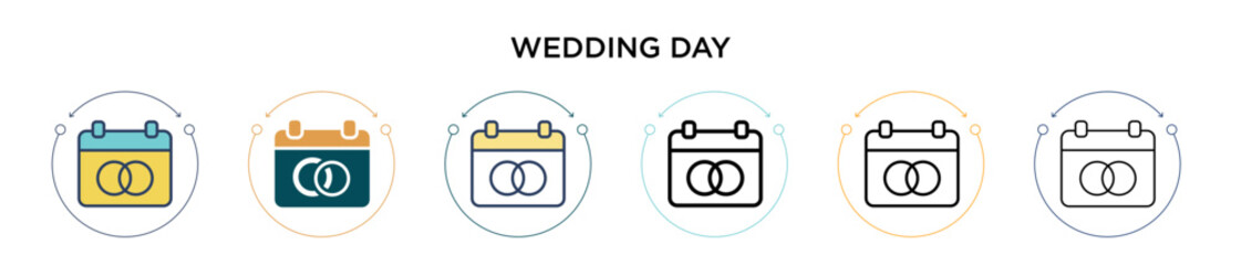 Wedding day icon in filled, thin line, outline and stroke style. Vector illustration of two colored and black wedding day vector icons designs can be used for mobile, ui, web