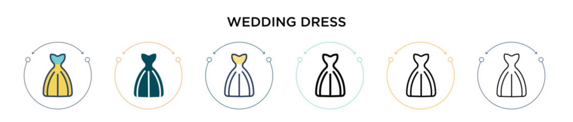 Wedding dress icon in filled, thin line, outline and stroke style. Vector illustration of two colored and black wedding dress vector icons designs can be used for mobile, ui, web