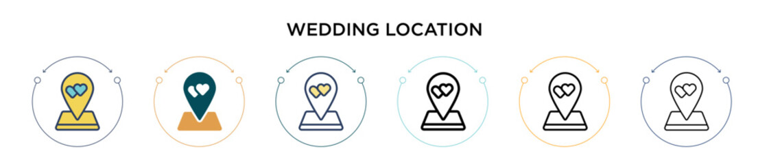 Wedding location icon in filled, thin line, outline and stroke style. Vector illustration of two colored and black wedding location vector icons designs can be used for mobile, ui, web