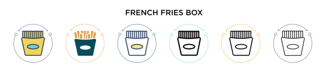 French fries box icon in filled, thin line, outline and stroke style. Vector illustration of two colored and black french fries box vector icons designs can be used for mobile, ui, web