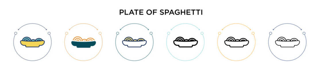 Plate of spaghetti icon in filled, thin line, outline and stroke style. Vector illustration of two colored and black plate of spaghetti vector icons designs can be used for mobile, ui, web
