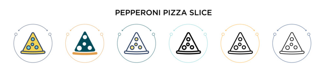 Pepperoni pizza slice icon in filled, thin line, outline and stroke style. Vector illustration of two colored and black pepperoni pizza slice vector icons designs can be used for mobile, ui, web